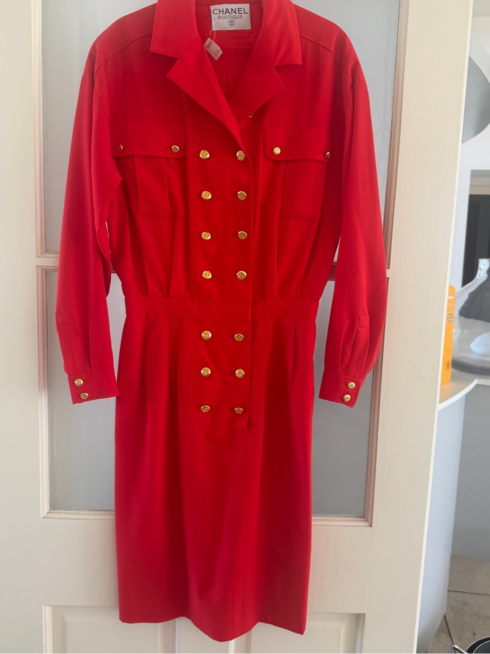 CHANEL Red Long-Sleeve Double-Breasted Shirt Dress with Gold Buttons